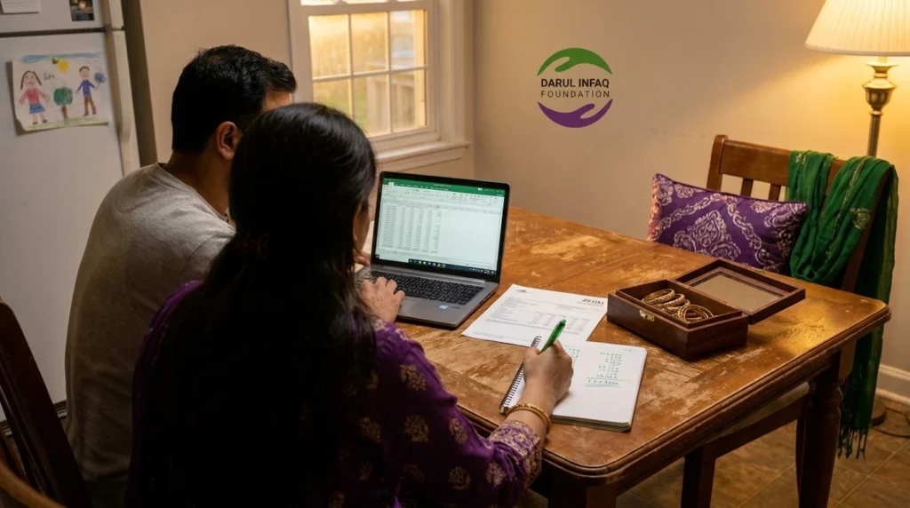 A couple at their dining table working out zakat on a spreadsheet with a 401(k) statement and gold bangles beside them, the total underlined in green