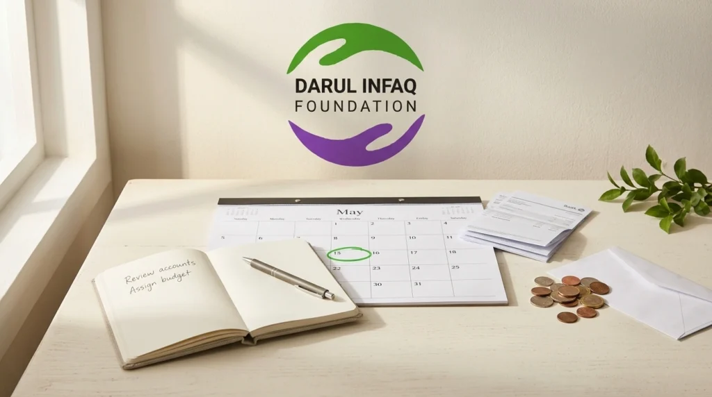 A desk calendar with one date circled in green beside a notebook, bank statements and coins, representing a personal zakat anniversary date