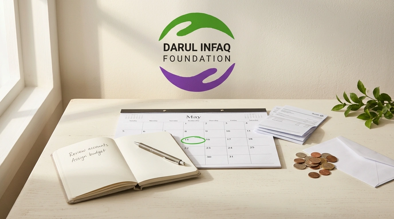 A desk calendar with one date circled in green beside a notebook, bank statements and coins, representing a personal zakat anniversary date