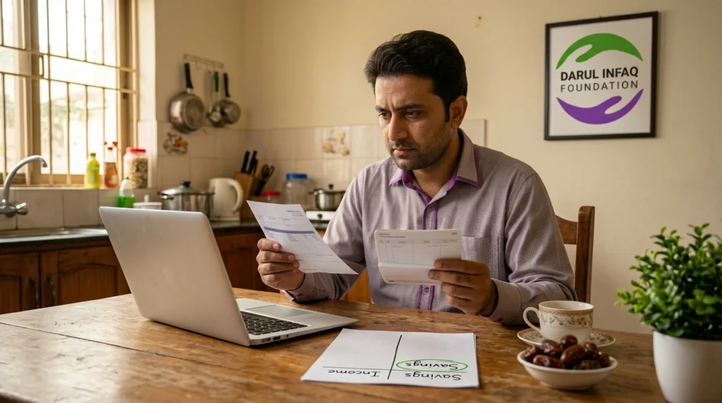 A father at his kitchen table comparing a payslip with a savings passbook, with the word Savings circled to show that zakat is 2.5 percent of savings not salary