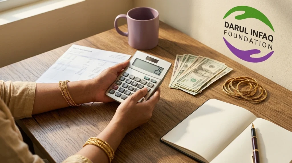 A womans hands holding a calculator showing 2.5 next to US dollar bills, gold bangles and a bank statement, illustrating how much zakat is owed on wealth