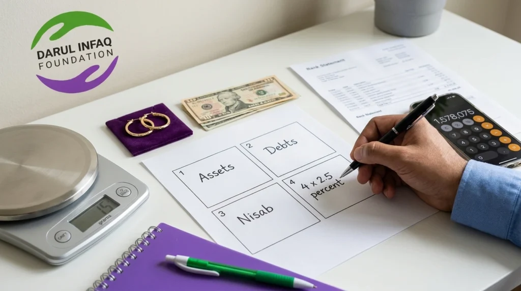 Four step zakat calculation worksheet showing assets, debts, nisab and the 2.5 percent rate, surrounded by US dollars, gold earrings, a scale and a bank statement