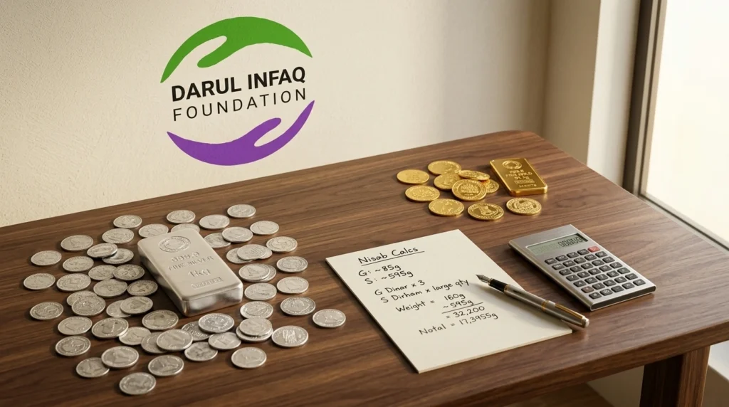 Gold coins and silver coins on a balance scale beside a calculator, showing the two zakat nisab thresholds