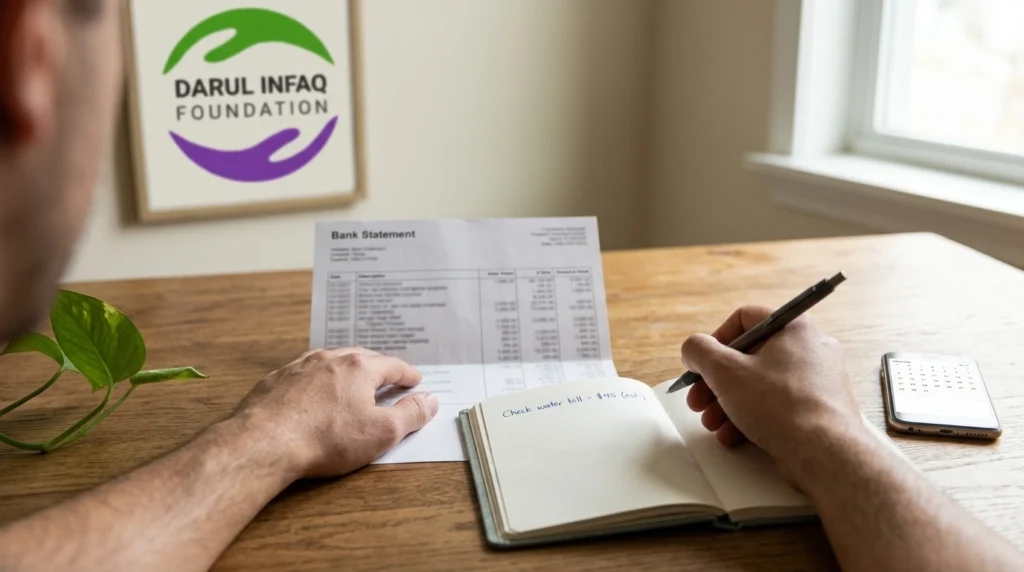 Hands reviewing a bank statement and writing a date in a notebook while working out a zakat hawl start date