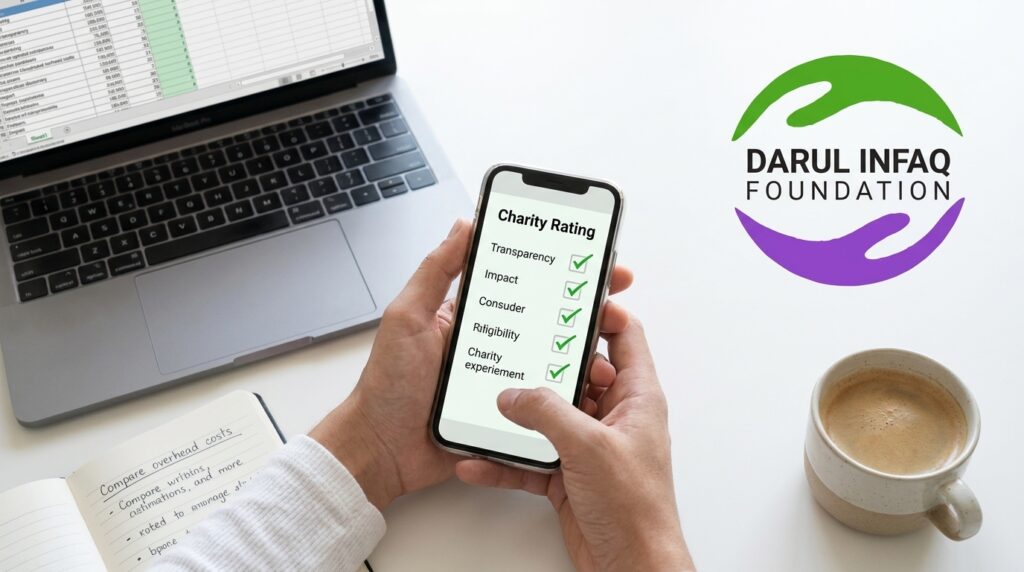 Person verifying a charity's ratings and financials on a phone before donating