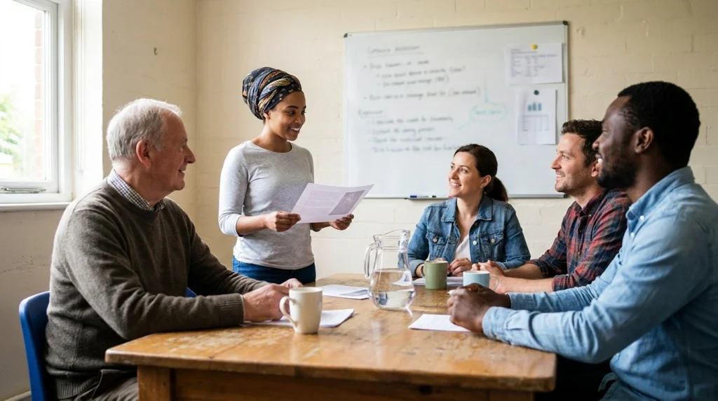 Volunteers planning a new charity around a table with a laptop and notebooks