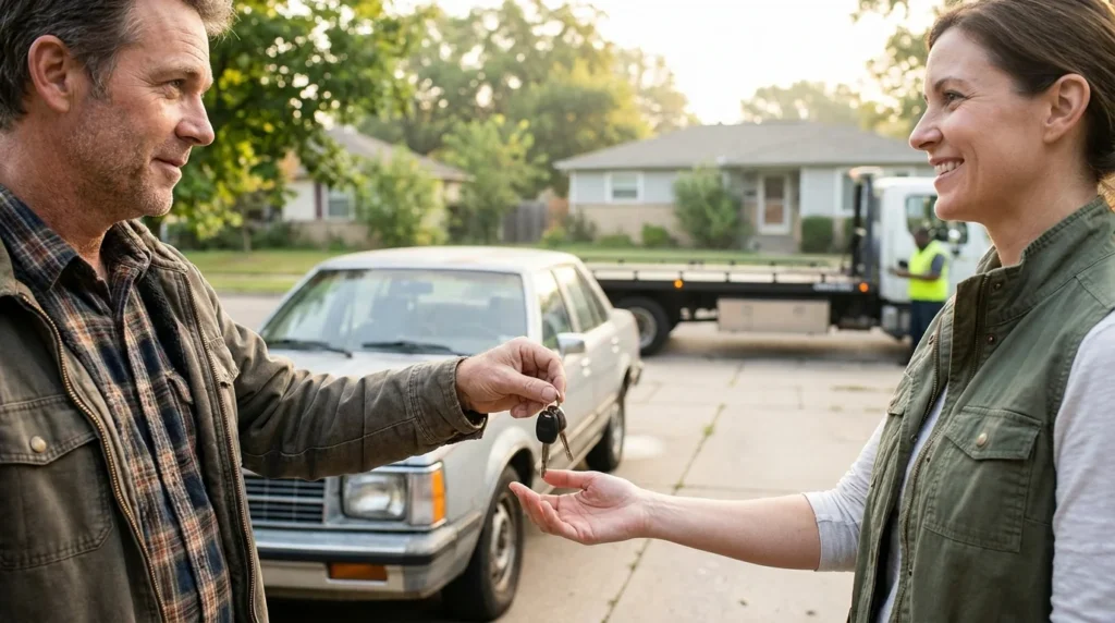 Car owner handing keys to a charity volunteer as an older sedan is collected for donation