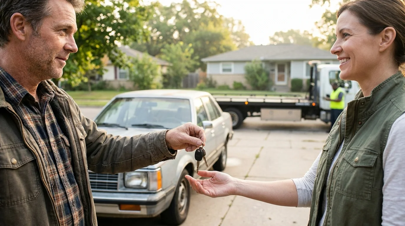 Car owner handing keys to a charity volunteer as an older sedan is collected for donation