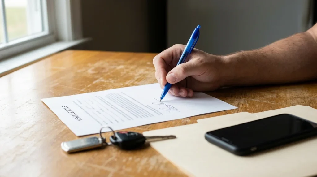 Car owner signing a vehicle title over to a charity during the car donation process