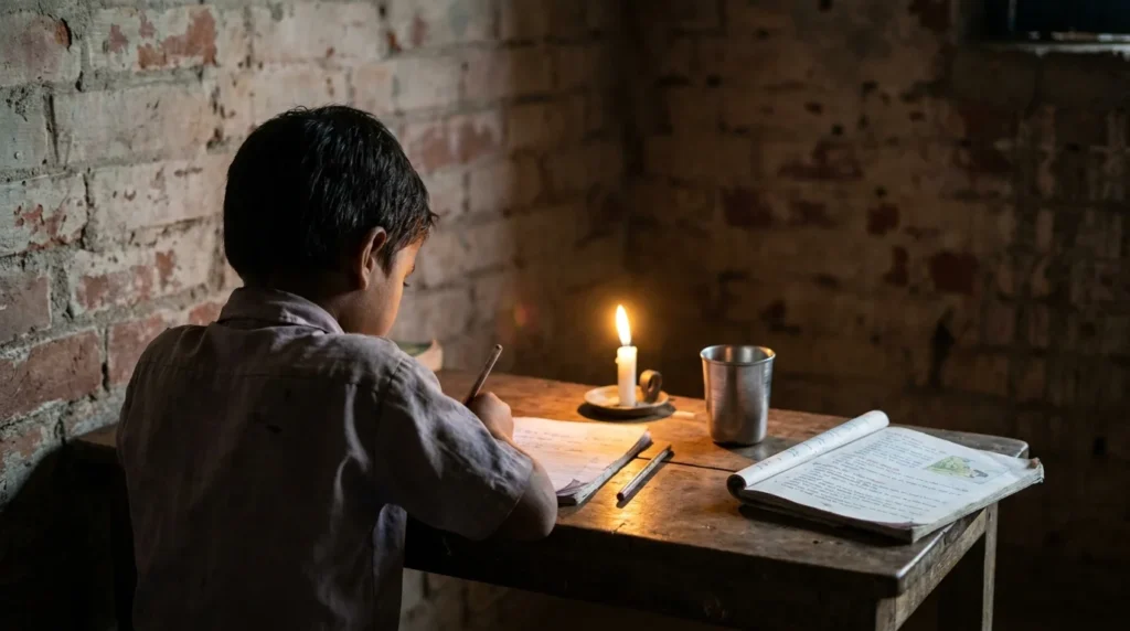 Child doing homework by candlelight at a small table in a low-income home, showing how poverty affects education