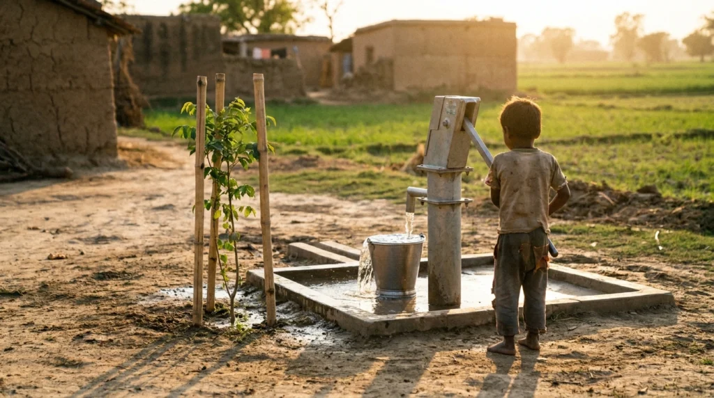 Child filling a bucket from a village water well next to a young tree, an example of Sadaqah jariyah