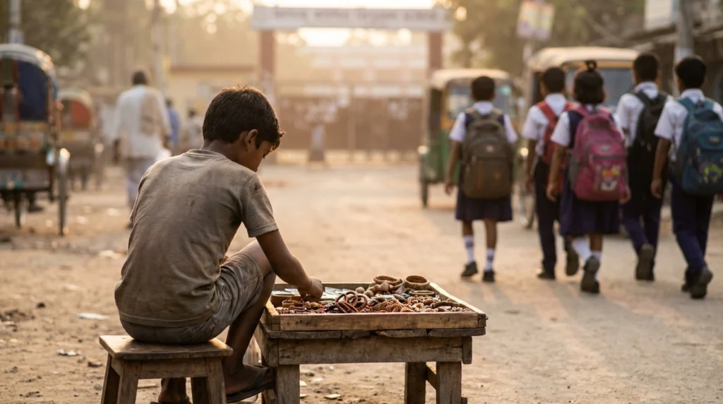 Child working at a roadside stall while other children walk to school, showing how lack of education leads to poverty