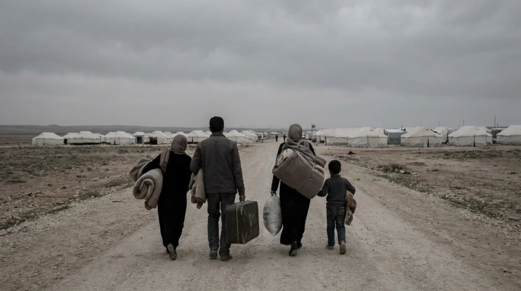 Displaced family walking toward a tent camp with their belongings, showing how conflict causes poverty