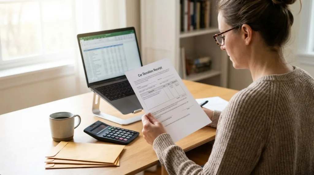 Donor reviewing Form 1098-C and tax records to claim a car donation deduction