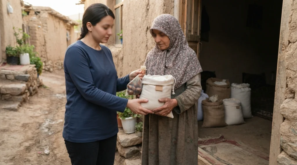 Family receiving a bag of staple food as Zakat al-Fitr before Eid