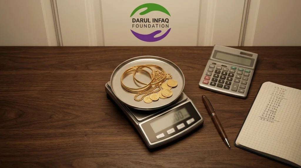 Gold jewelry and coins on a weighing scale next to a calculator, used to work out zakat on gold
