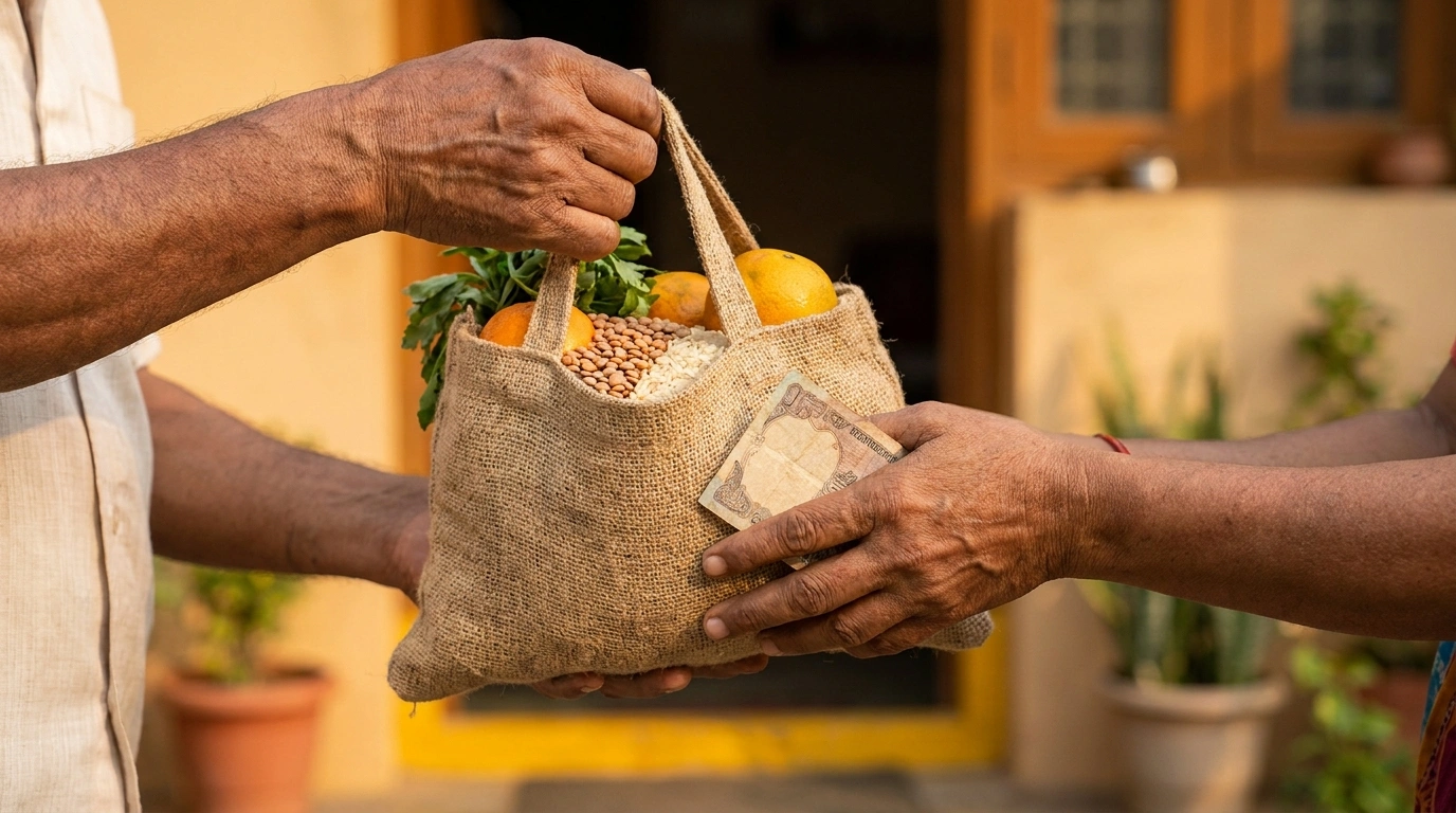 Hands giving food and a small gift of money to a family in need, showing Sadaqah in Islam