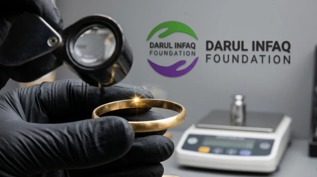 Jeweler checking the karat hallmark on a gold bangle to determine its purity