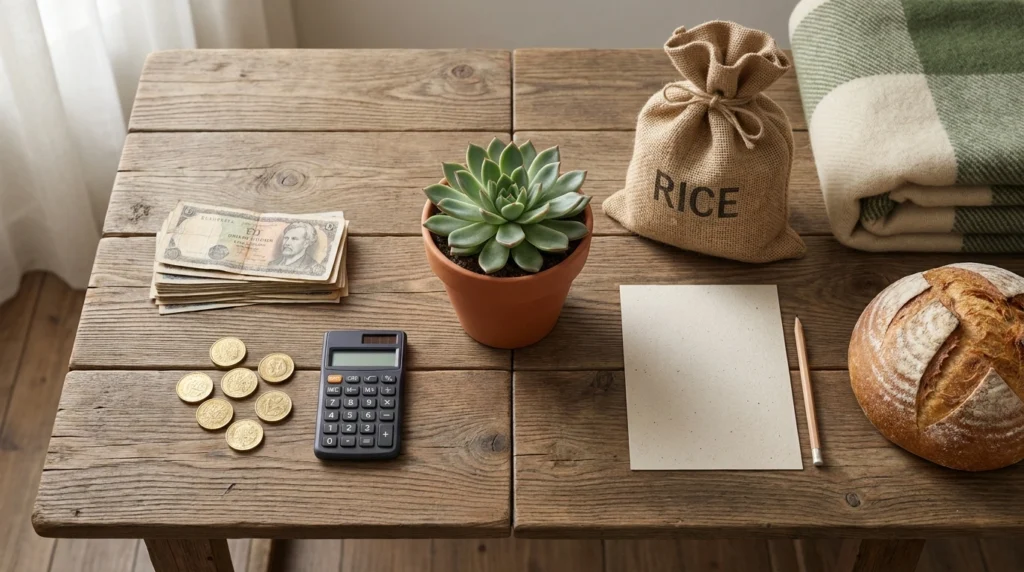 Measured stack of money and coins beside a loose gift of food and a blanket, comparing Zakat with Sadaqah