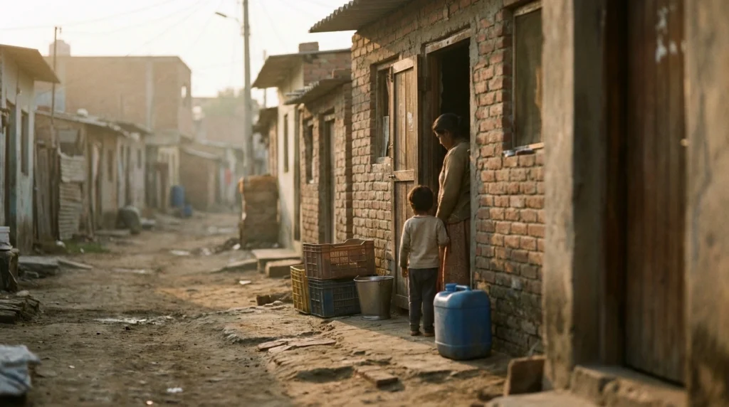 Mother and child outside a small home in a low-income neighborhood, illustrating the root causes of poverty