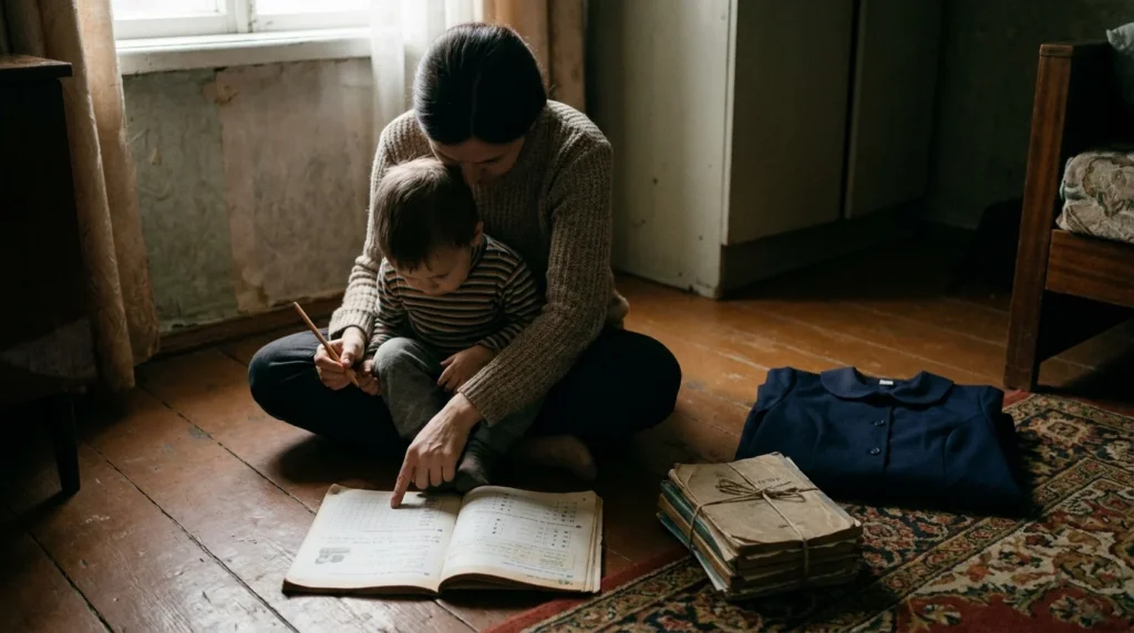 Mother helping her child with schoolwork on the floor of a modest home, illustrating the cycle between poverty and education