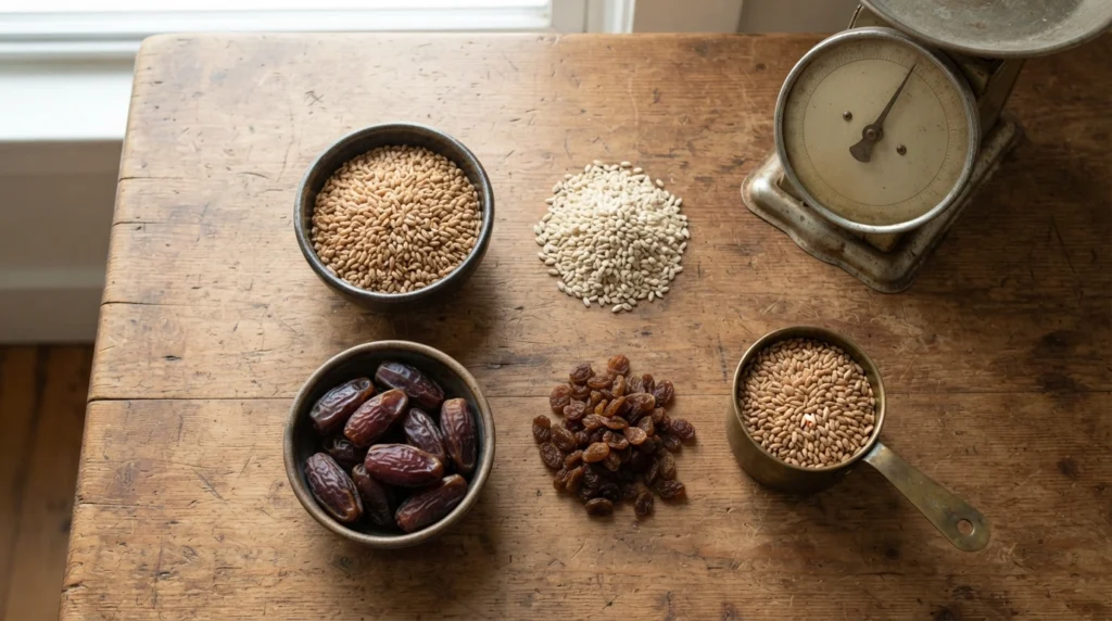 One sa' of staple foods, wheat, dates, barley and raisins, measured for Zakat al-Fitr