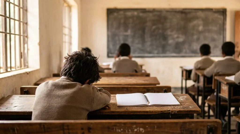 Tired student resting their head on a classroom desk while classmates study, showing how hunger affects learning