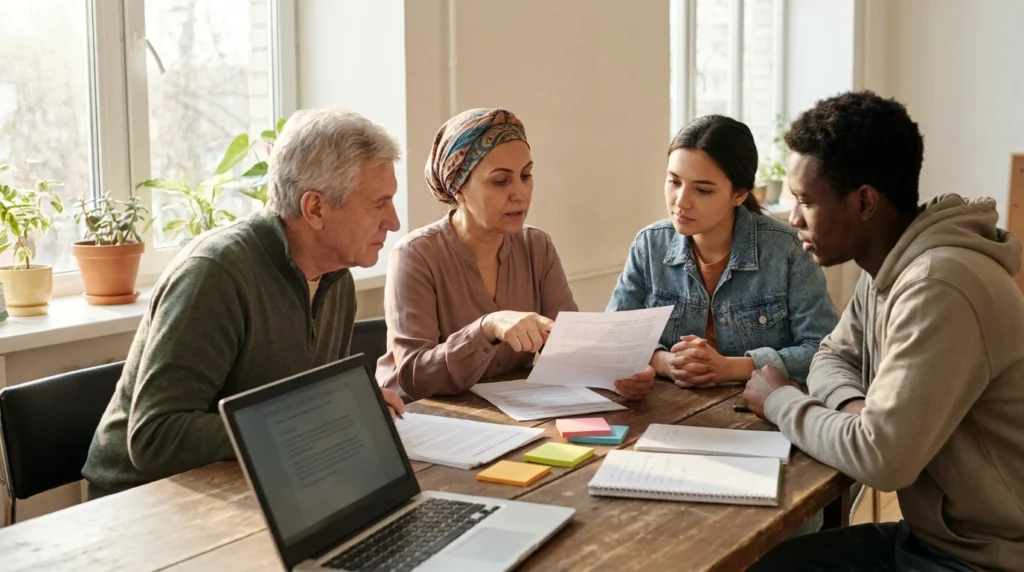 Volunteers planning a new charity around a table with a laptop and notebooks