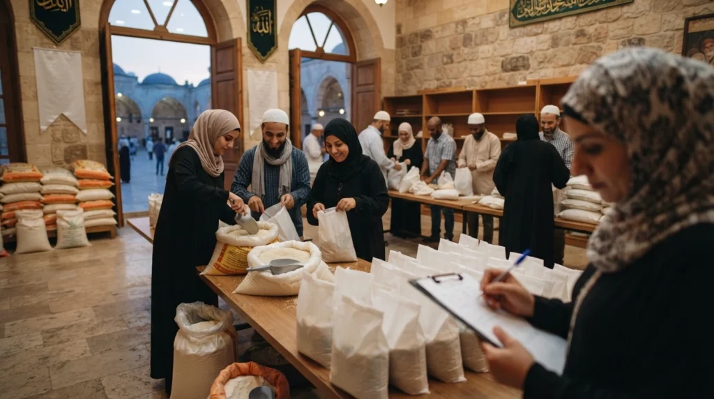 Volunteers preparing Zakat al-Fitr food packs for distribution before Eid prayer