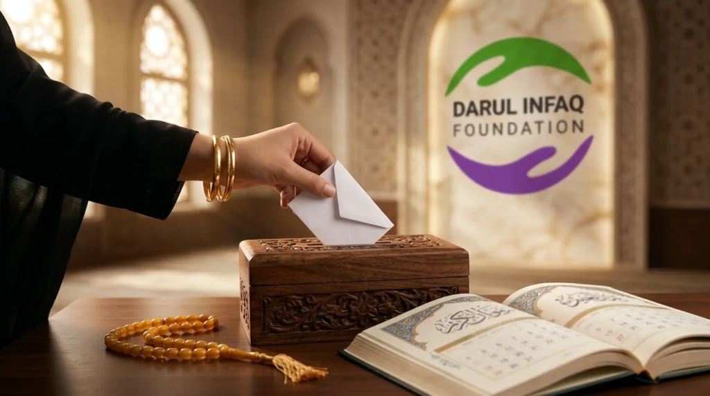 Woman placing a zakat donation into a charity box beside an Islamic lunar calendar