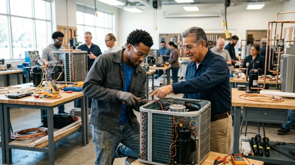 Adult trainee learning HVAC repair at a community college workshop to raise his income through a skilled trade