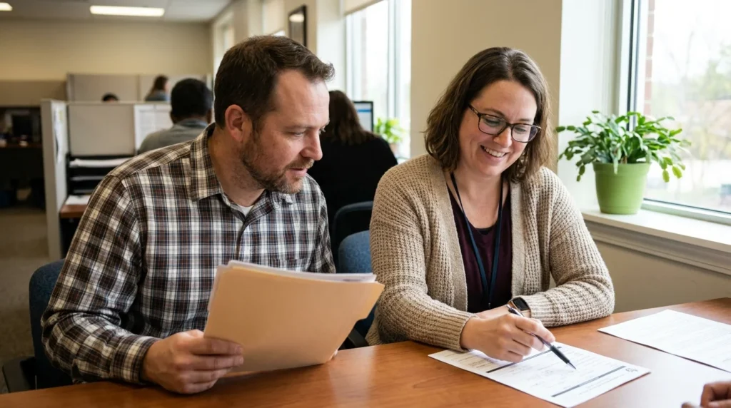 Caseworker helping a father check his income against program eligibility limits on a benefits application