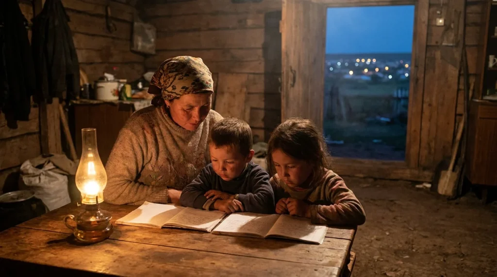 Family in a rural home lit by a kerosene lamp, showing what energy poverty looks like