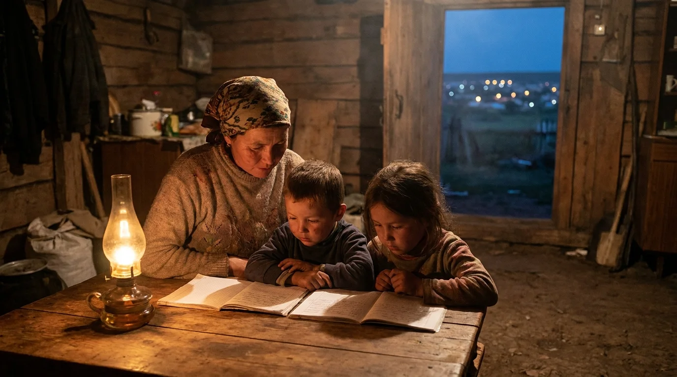 Family in a rural home lit by a kerosene lamp, showing what energy poverty looks like