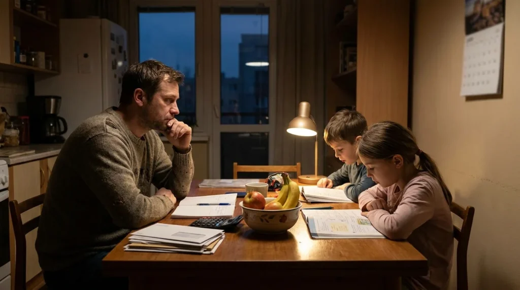 Father reviewing household bills while his children do homework, illustrating how family income changes affect children living in poverty