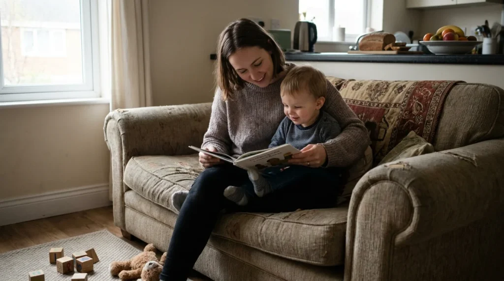Mother reading a picture book to her toddler in a modest apartment, showing how family support shapes early childhood development in poverty