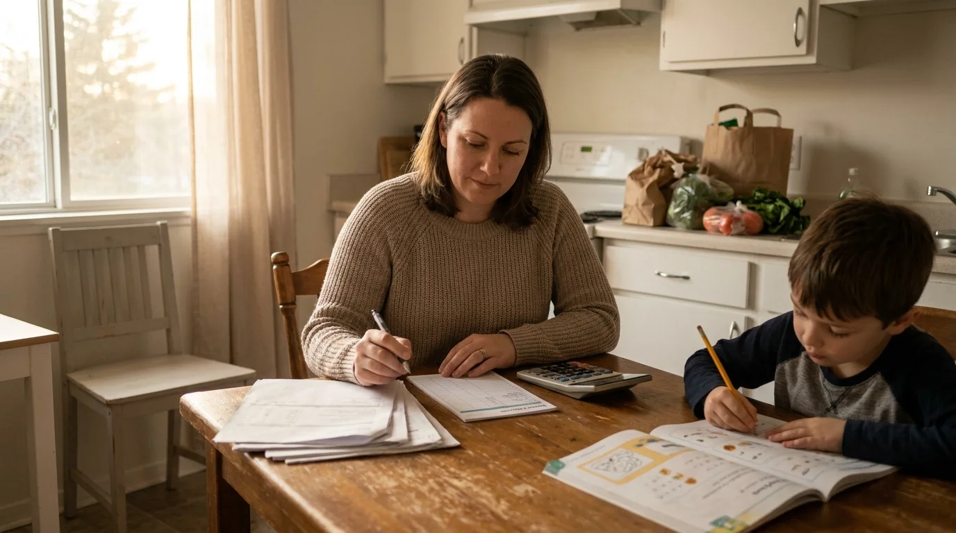 Mother reviewing household bills and a monthly budget at her kitchen table to check income against the poverty level