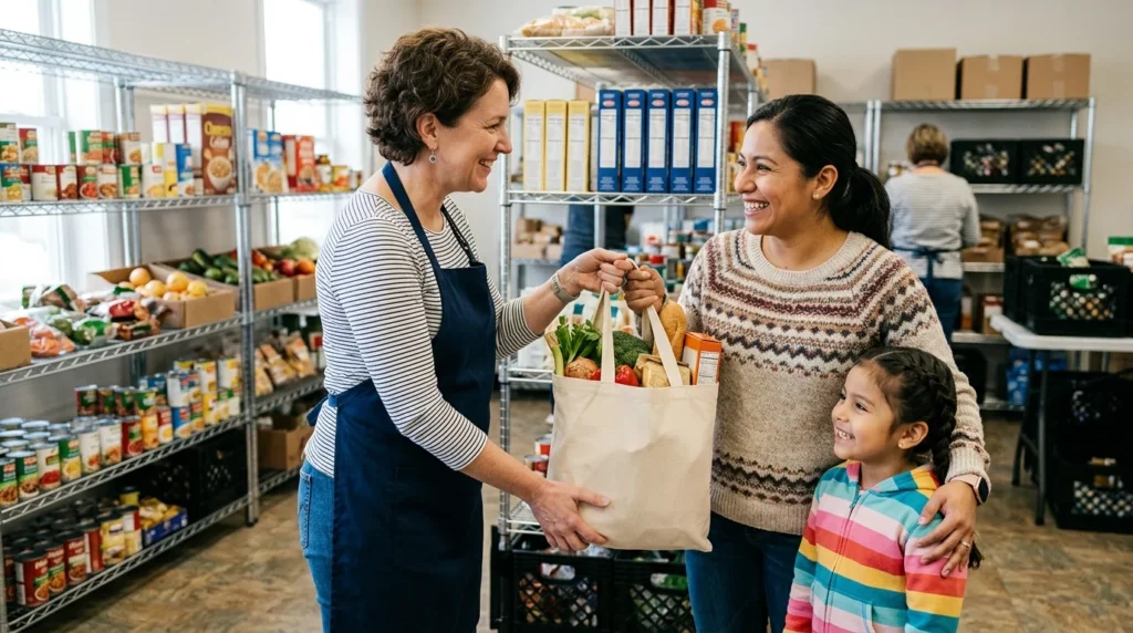 Nonprofit volunteer giving a grocery bag to a mother and child as part of community food assistance for families in need