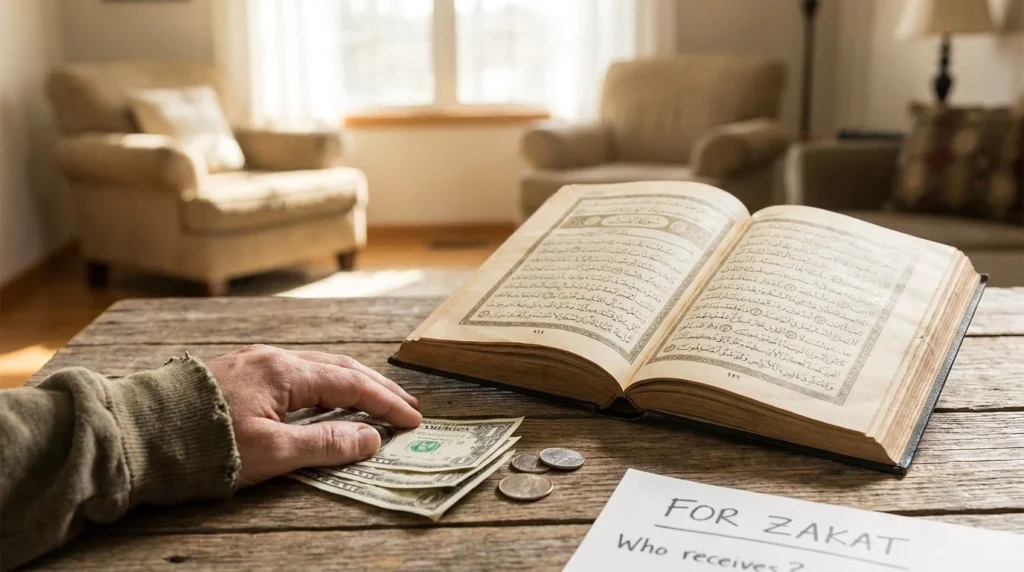 Open Quran beside cash on a table, representing the rules on who can receive Zakat