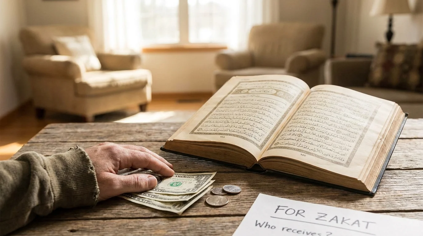 Open Quran beside cash on a table, representing the rules on who can receive Zakat