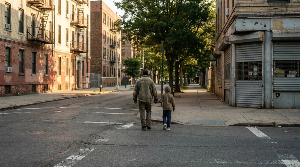 Parent and child walking through a low-income neighborhood, illustrating the link between poverty and crime