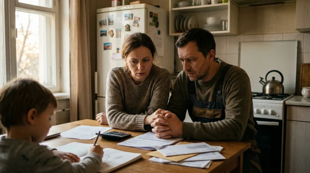Parents reviewing household bills at their kitchen table, showing the everyday strain of relative poverty