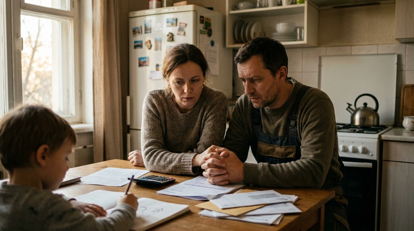 Parents reviewing household bills at their kitchen table, showing the everyday strain of relative poverty