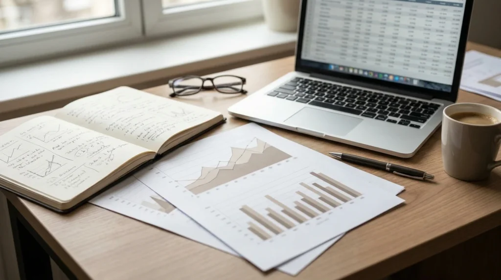 Researcher’s desk with charts and data comparing family income and crime rates