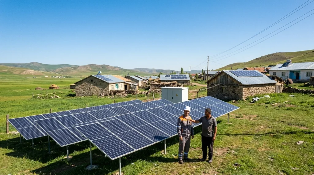 Solar panels and a mini-grid bringing electricity to a rural village