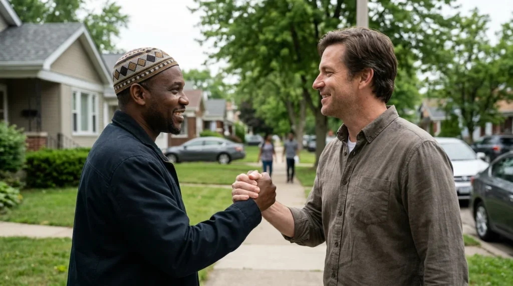 Two neighbors of different faiths shaking hands, illustrating the reconciled hearts category of Zakat