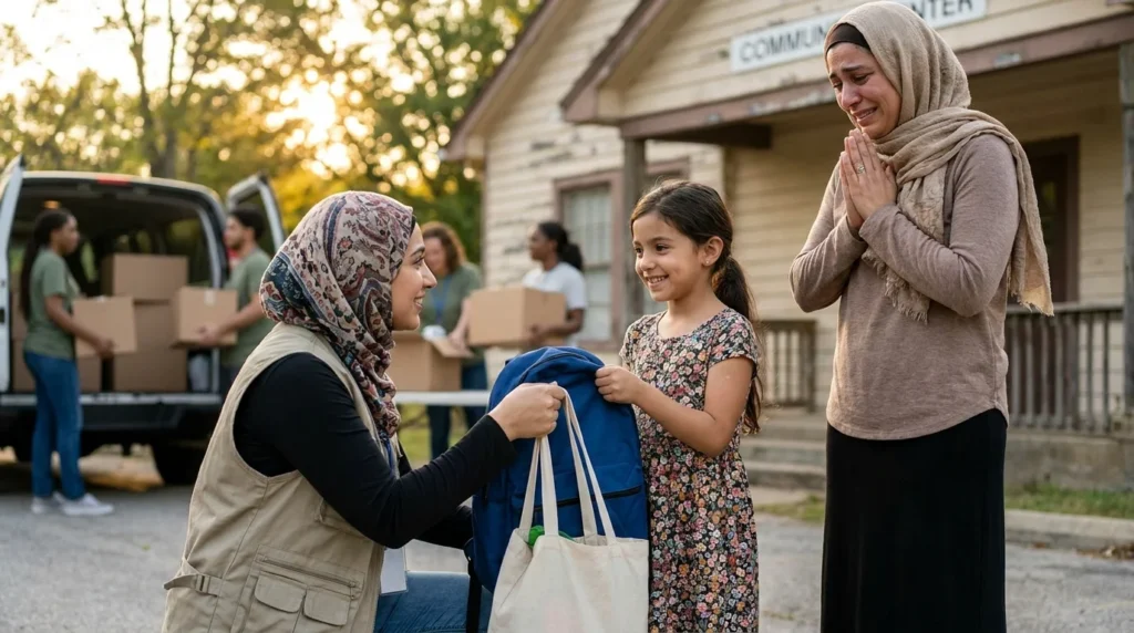 Volunteer giving a school backpack and groceries to a young girl and her mother, showing direct support that helps children in poverty