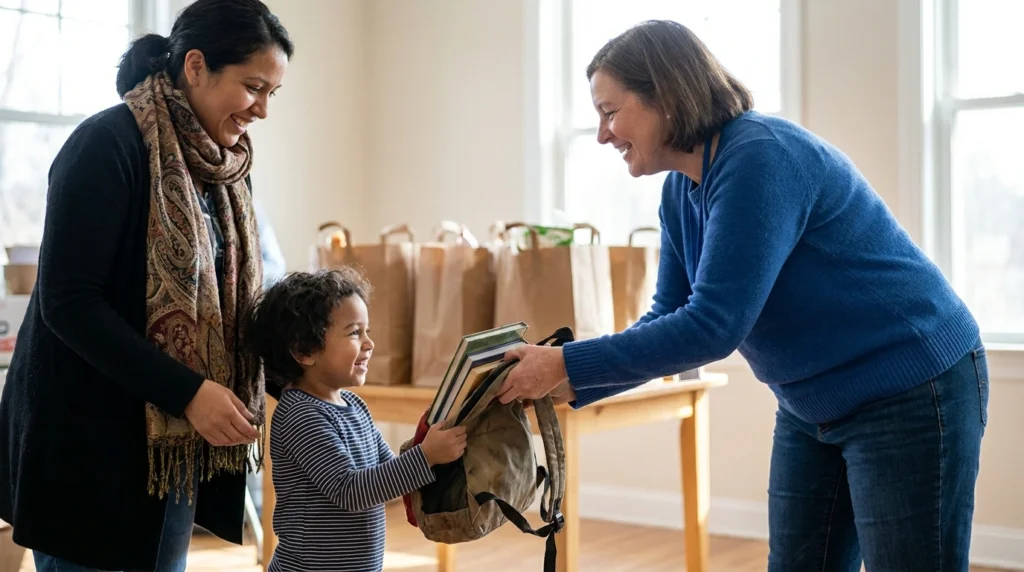Volunteer giving school supplies to a child from a low-income family as part of community support