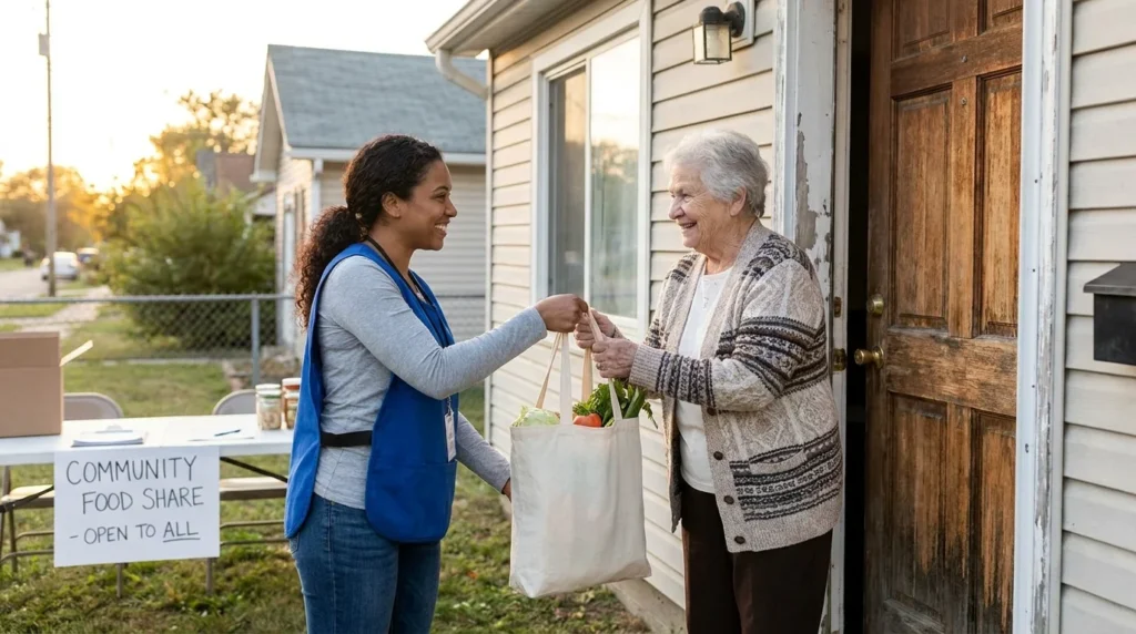 Volunteer handing groceries to an elderly woman, showing Sadaqah given to anyone in need