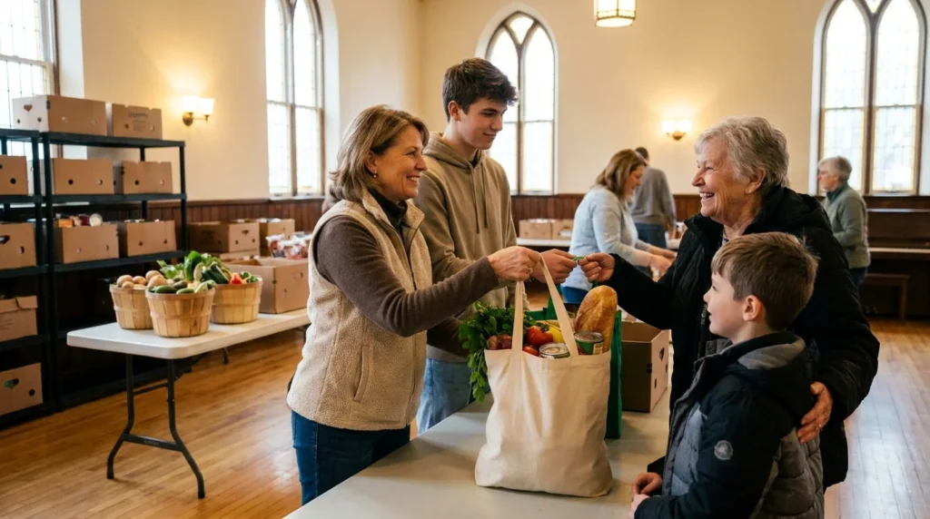 Volunteers at an Ohio community food pantry handing groceries to a grandmother and her grandson
